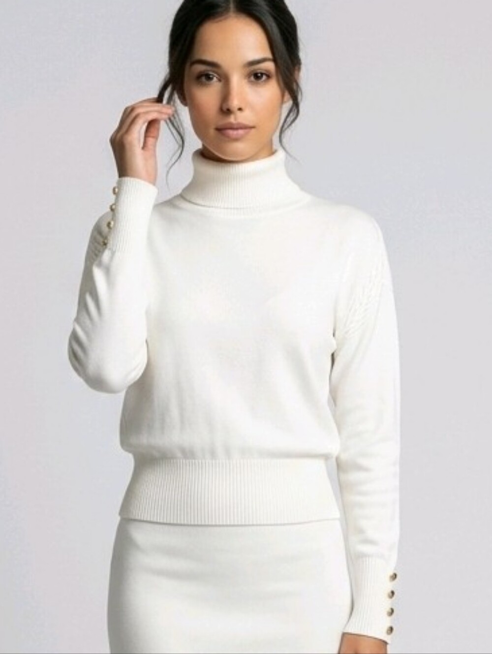 WHBM White House Black Market Womens Turtleneck Sweater S Cream Gold Buttons